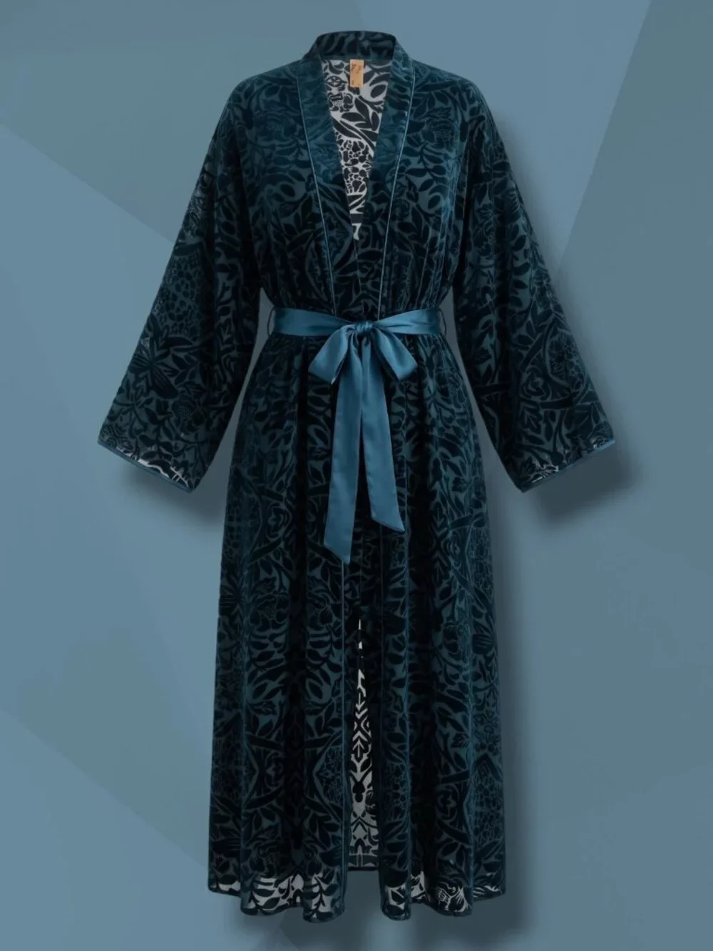 Fuller Bust x Playful Promises Navy Sheer Velvet Leaf Kimono Robe 20